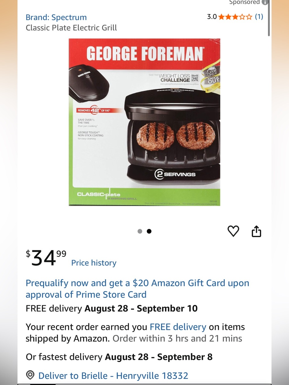 George Foreman Classic Plate Electric Grill - Black